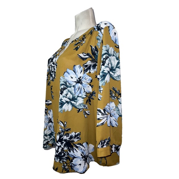 Van Heusen Top Women's Size XXL Mustard Blue Floral 3/4 Sleeve Pullover Blouse - Picture 4 of 10